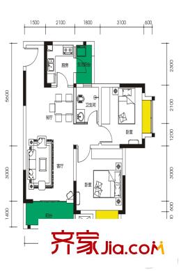 上城中央一期1-9幢標準層D3-2-4戶型 2室2廳1衛(wèi)1廚