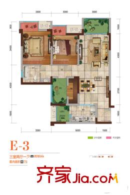 保利觀塘一期1、2號樓標(biāo)準(zhǔn)層E3戶型圖 3室2廳1衛(wèi)1廚
