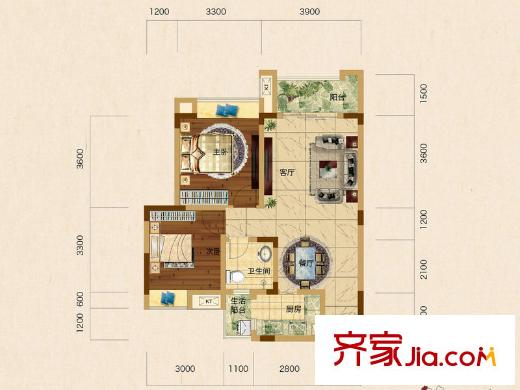 愛情谷一期1-5號樓標準層B1戶型 2室2廳1衛(wèi)1廚