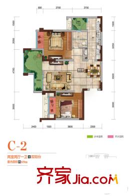 保利觀塘一期6號樓標(biāo)準(zhǔn)層C2戶型圖 2室2廳1衛(wèi)1廚