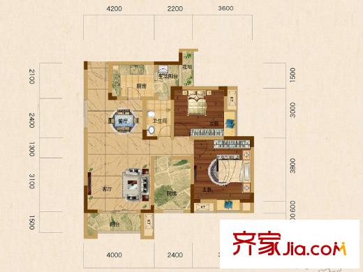 愛情谷一期1-5/9/13號樓標準層B3戶型 2室2廳1衛(wèi)1廚