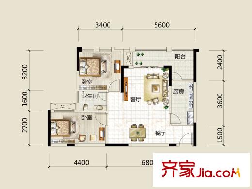 中德茵萊國(guó)際一期12棟標(biāo)準(zhǔn)層4號(hào)戶型 2室2廳1衛(wèi)1廚