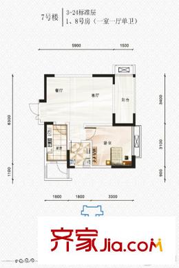 銀翔翡翠谷一期B組團高層7號樓標準層1/8號房戶型 1室1廳1衛(wèi)1廚