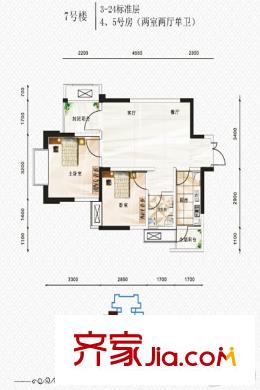 銀翔翡翠谷一期B組團高層7號樓標準層4/5號房戶型 2室2廳1衛(wèi)1廚