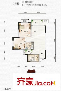 銀翔翡翠谷一期B組團高層7號樓標準層6/7號房戶型 2室2廳1衛(wèi)1廚