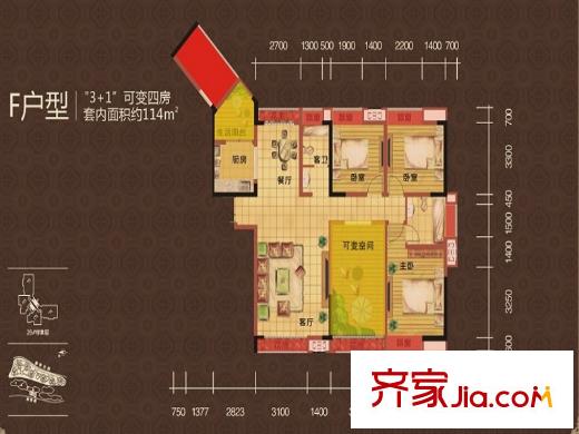 武夷濱江三期26號樓標(biāo)準(zhǔn)層F戶型 3室2廳1衛(wèi)1廚