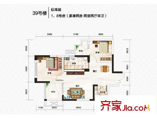 銀翔翡翠谷一期B組團高層5號樓標準層1/8號房戶型 1室1廳1衛(wèi)1廚