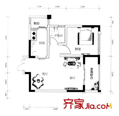 銀翔翡翠谷一期B組團高層2號樓標準層C4戶型 1室1廳1衛(wèi)1廚