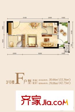 興亞沙濱國(guó)際一期高層3號(hào)樓F戶(hù)型 1室1廳1衛(wèi)1廚
