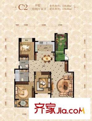 重慶桃源居國(guó)際花園一期1-15號(hào)樓標(biāo)準(zhǔn)層C2戶型 3室2廳2衛(wèi)1廚