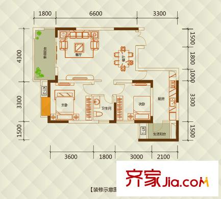 興茂盛世國際一期7號樓標準層B4戶型 2室2廳1衛(wèi)1廚