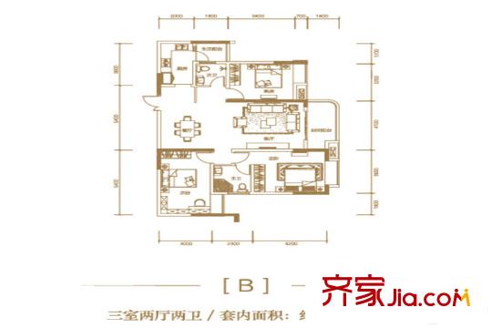 金輝城江城上一期2幢標準層B戶型 3室2廳2衛(wèi)1廚