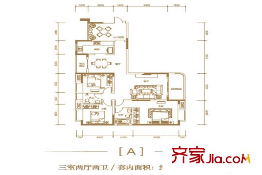金輝城江城上一期2幢標準層A戶型 3室2廳2衛(wèi)1廚