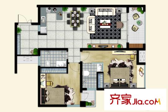 美心江與江南一期住宅10/11號(hào)樓標(biāo)準(zhǔn)層A-2a戶型 2室2廳2衛(wèi)1廚