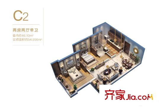東原星樾一期高層1/2號樓標準層C2戶型3D圖 2室2廳1衛(wèi)1廚