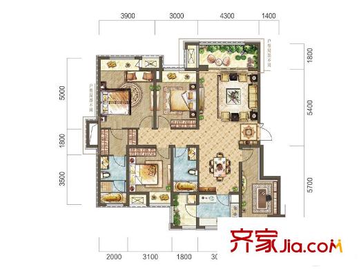 公園大道二期洋房A2戶型 3室2廳2衛(wèi)1廚