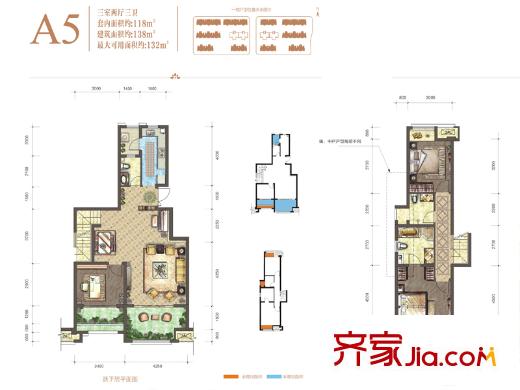 公園大道一期洋標準層房A5戶型 3室2廳3衛(wèi)1廚