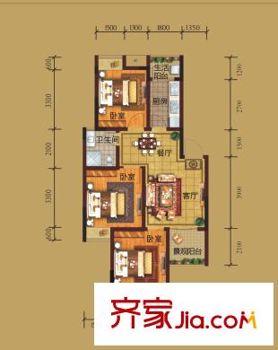 香草山二期10號(hào)樓標(biāo)準(zhǔn)層F-1戶型 3室2廳1衛(wèi)1廚