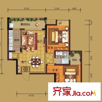 香草山二期10號樓標準層E-2戶型 2室2廳1衛(wèi)1廚