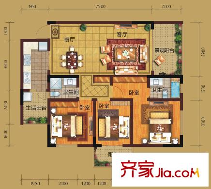 香草山二期10號樓標準層C-4戶型 3室2廳2衛(wèi)1廚