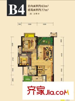 象嶼兩江公元二期2號樓標(biāo)準(zhǔn)層B4戶型 2室2廳1衛(wèi)1廚