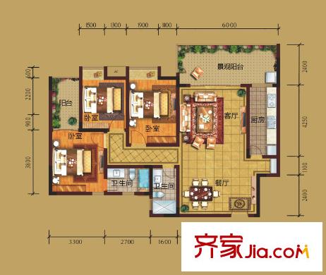 香草山二期10號樓標準層B-1戶型 3室2廳2衛(wèi)1廚
