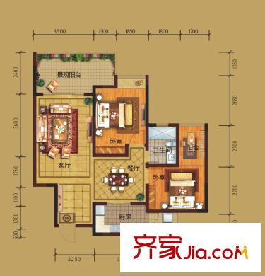 香草山二期10號樓標準層C-3戶型 2室2廳1衛(wèi)1廚