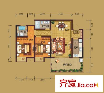 香草山二期10號樓標準層B-2戶型 2室2廳2衛(wèi)1廚