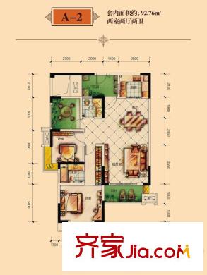 象嶼兩江公元一期3、4、5號樓標(biāo)準(zhǔn)層A-2戶型 2室2廳2衛(wèi)1廚