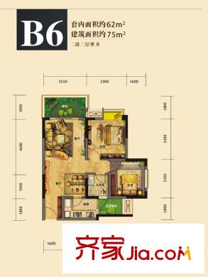 象嶼兩江公元二期2號樓標(biāo)準(zhǔn)層B6戶型 2室2廳1衛(wèi)1廚