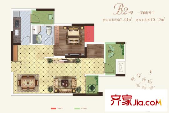 世茂茂悅府高層一期3號(hào)樓標(biāo)準(zhǔn)層B2戶型 1室2廳1衛(wèi)1廚