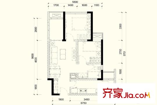 萬(wàn)科西城二期5號(hào)樓標(biāo)準(zhǔn)層B戶型 2室2廳1衛(wèi)1廚