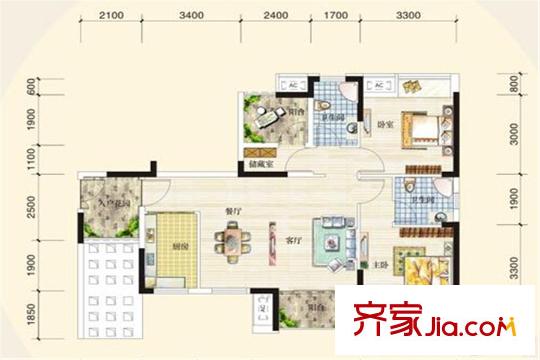 奧園國際城B區(qū)8幢標(biāo)準(zhǔn)層H2戶型 2室2廳2衛(wèi)1廚