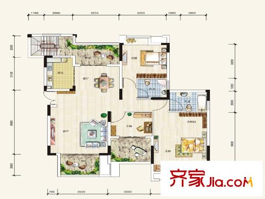 奧園國際城一期洋房B2二層戶型 3室2廳2衛(wèi)1廚