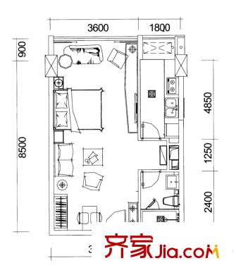 巴登巴登國(guó)際溫泉養(yǎng)生公寓一期單體樓標(biāo)準(zhǔn)層4-8/12-16號(hào)房 1室1廳1衛(wèi)1廚