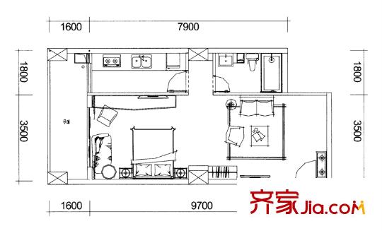 巴登巴登國(guó)際溫泉養(yǎng)生公寓一期單體樓標(biāo)準(zhǔn)層2/10號(hào)房 1室1廳1衛(wèi)1廚