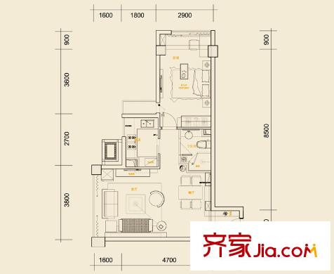 巴登巴登國際溫泉養(yǎng)生公寓一期1號樓標(biāo)準(zhǔn)層C戶型 1室2廳1衛(wèi)1廚