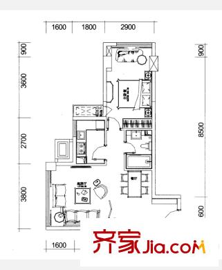 巴登巴登國(guó)際溫泉養(yǎng)生公寓一期單體樓標(biāo)準(zhǔn)層3/9號(hào)房 1室2廳1衛(wèi)1廚