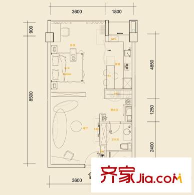 巴登巴登國(guó)際溫泉養(yǎng)生公寓一期1號(hào)樓標(biāo)準(zhǔn)層D戶型 1室1廳1衛(wèi)1廚
