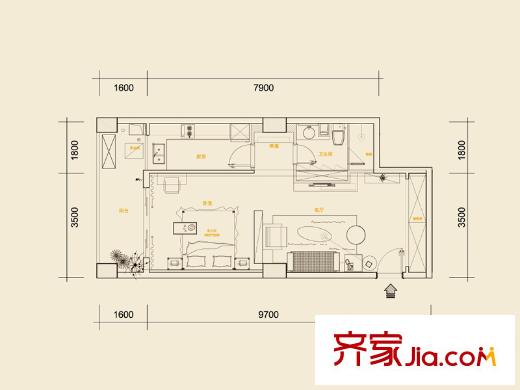巴登巴登國(guó)際溫泉養(yǎng)生公寓一期1號(hào)樓標(biāo)準(zhǔn)層B戶型 1室1廳1衛(wèi)1廚