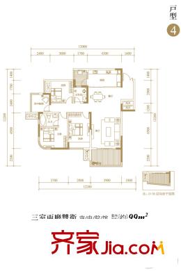 洋世達南濱特區(qū)一期高層3/5號樓4戶型 3室2廳2衛(wèi)1廚