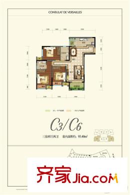 融創(chuàng)凡爾賽領(lǐng)館二期1、2、10號(hào)樓標(biāo)準(zhǔn)層C3C6號(hào)戶型 3室2廳2衛(wèi)1廚