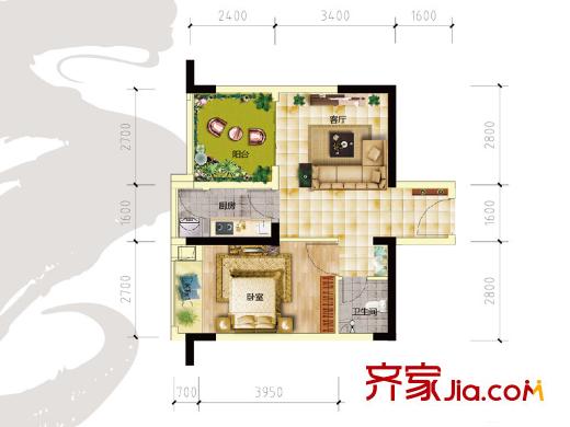 華宇龍灣二期高層31號樓標(biāo)準(zhǔn)層3/8號房戶型 1室1廳1衛(wèi)1廚