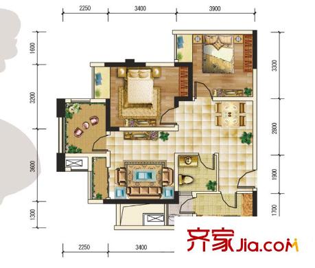 華宇龍灣一期36號樓標(biāo)準(zhǔn)層F3戶型 2室2廳2衛(wèi)1廚