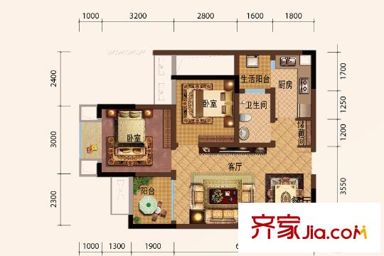 旭陽臺北城敦美里13號樓標準層E-5戶型 2室1廳1衛(wèi)1廚