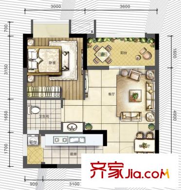 旭陽臺北城一期29棟公寓39平方米戶型標準層 1室1廳1衛(wèi)1廚