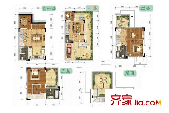 保利茵夢湖一期聯(lián)排別墅標(biāo)準(zhǔn)層C1戶型圖  4室4廳4衛(wèi)2廚