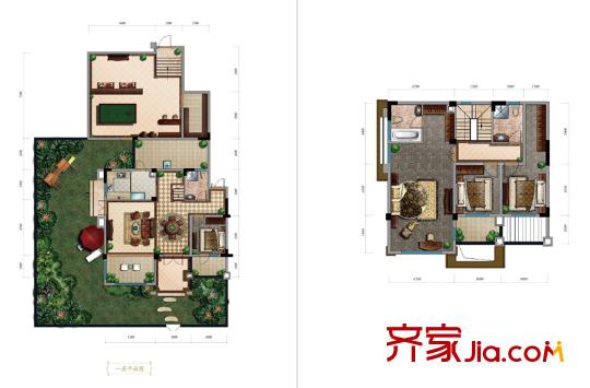 復(fù)地花嶼城一期疊拼別墅E4戶型一、二層 4室3廳3衛(wèi)1廚