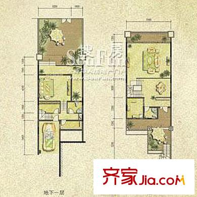 復(fù)地別院戶型圖E2(臨崖聯(lián)排)地下一層、一層 5室2廳4衛(wèi)1廚