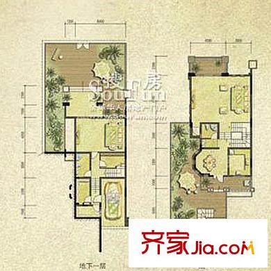 復(fù)地別院戶型圖E1(臨崖聯(lián)排)地下一層、一層 5室2廳4衛(wèi)1廚
